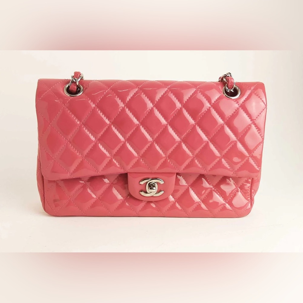 Chanel Pink Patent Leather Medium Double Flap Shoulder Bag